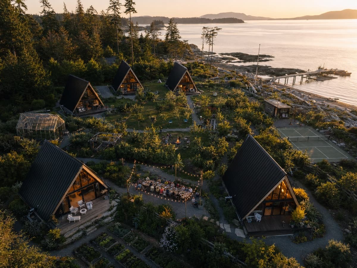 A-frame cabin compound on a forested cove at sunset, family gathered at a long outdoor table