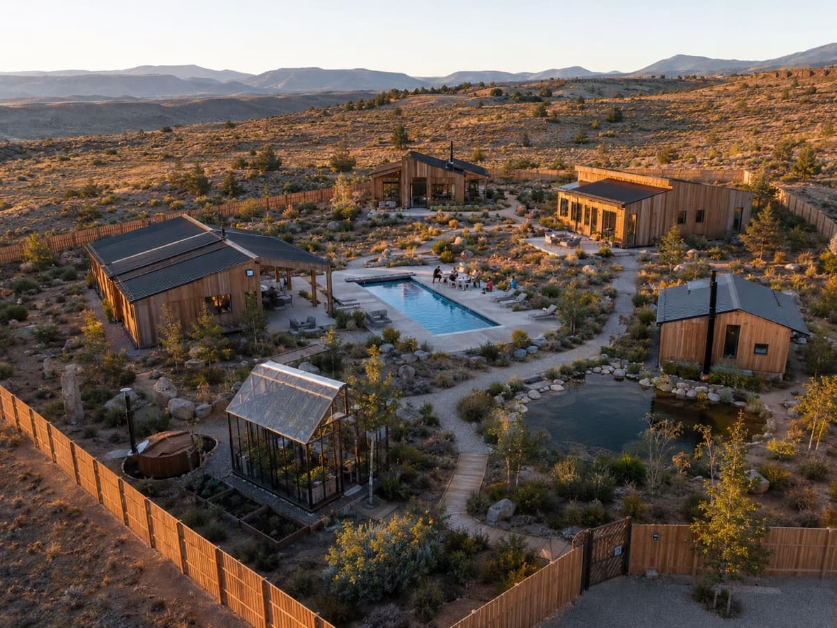 Modern timber compound in the high desert with a pool, greenhouse, and mountain views