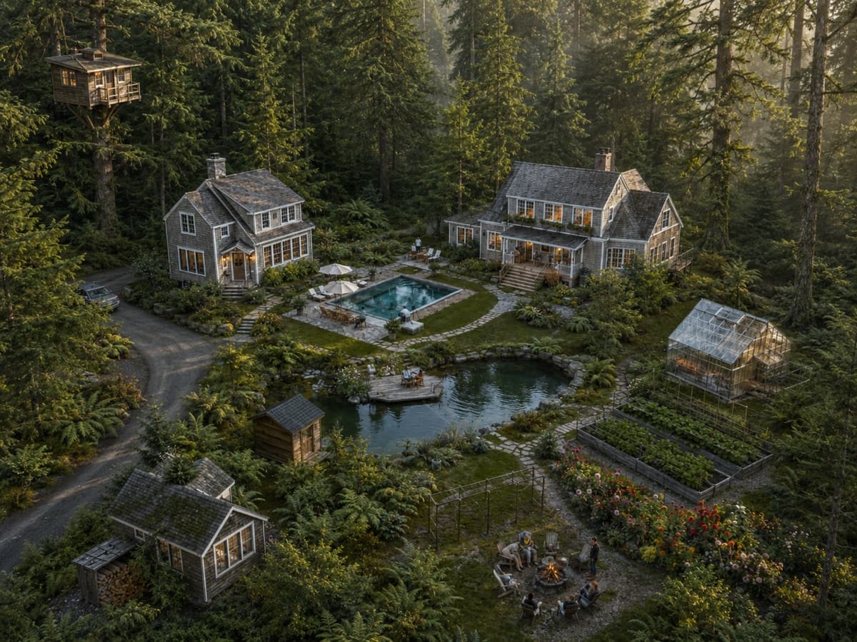 Cottage compound in a forest clearing with a pool, pond, greenhouse, and treehouse